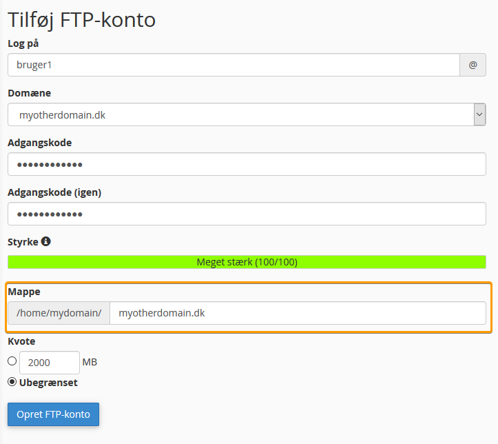 Opret FTP konto Husk at konfigurere dokumentroden ved 'Mappe'